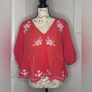 Old Navy Red Gauzy Blouse with White Embroidery